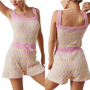 Free People Dream Diamonds Romper Pink Combo Size Medium Knit Material